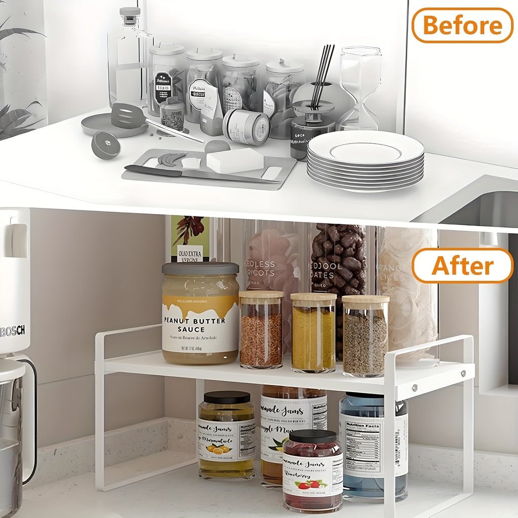Cabinet Shelf Expandable Height Adjustable Organizer Riser for Kitchen Cabinet Pantry Cupboard Under Sink Countertop Organization Storage Space Saver Stackable Heavy Duty Metal, White/Black, for Christmas Gifts, Standing Shelf, Standing Shelf