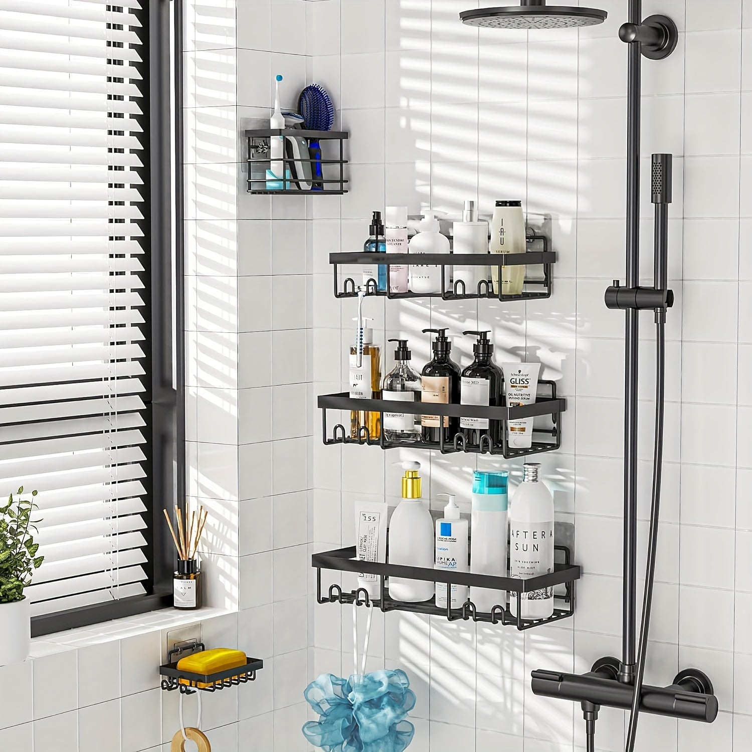 Shower Caddy, 5 Pack Shower Organizer Rack for Inside Shower, Self Adhesived Shower Shelf Large Capacity Rustproof Stainless Steel Bathroom Wall Storage Shower Basket, Random Color Properties to Choose, Shower Caddies