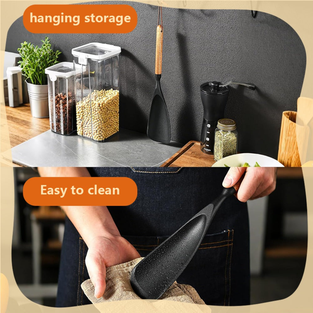 Kitchen Essential – 2pcs Cooking Spoon Set, Suitable for Non-stick Pans, 12-inch Silicone Spoon And Spatula with Wooden Handle, Used for Cooking, Serving, Mixing, Scooping And Scraping, Blac