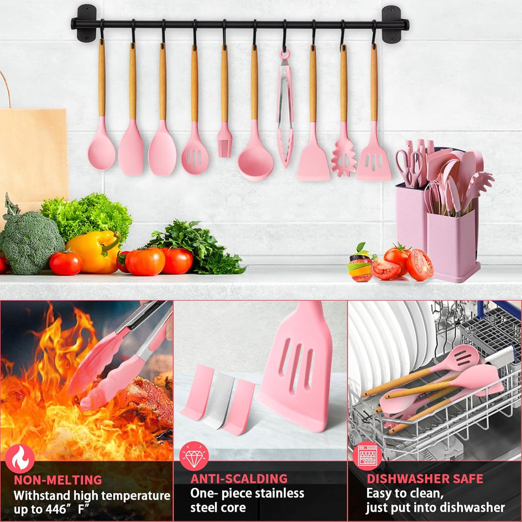 Kitchen Essential – 25pcs Kitchen Cooking Utensils And Knife Set with Block, Silicone Cooking Utensils Sharp Stainless Steel Chef Knives Scissors Whisk Tongs And Cutting Board, Kitchen Utens