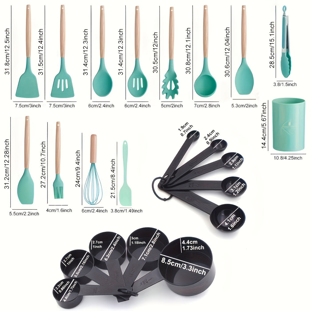 Upgrade Your Kitchen with 23pcs (12pcs kitchen utensils + 5pcs small colanders + 5pcs large colanders + 1pc small scraper) Silicone Cooking Tools Set in a Colorful Storage Container with Wooden Handles - Sturdy, Trendy Quality Kitchen