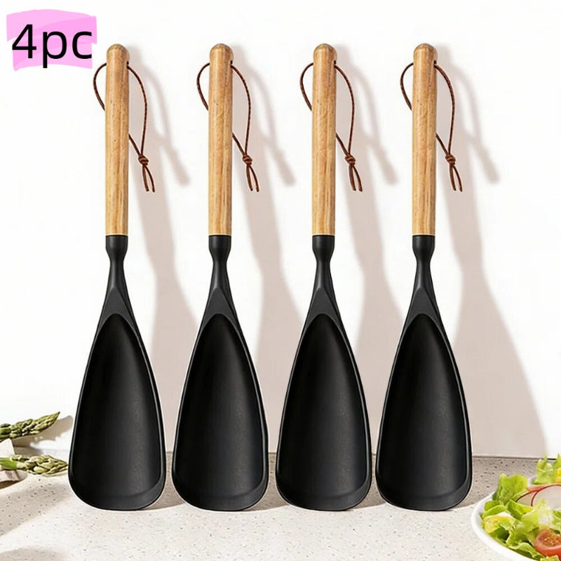 Kitchen Essential – 2pcs Cooking Spoon Set, Suitable for Non-stick Pans, 12-inch Silicone Spoon And Spatula with Wooden Handle, Used for Cooking, Serving, Mixing, Scooping And Scraping, Blac