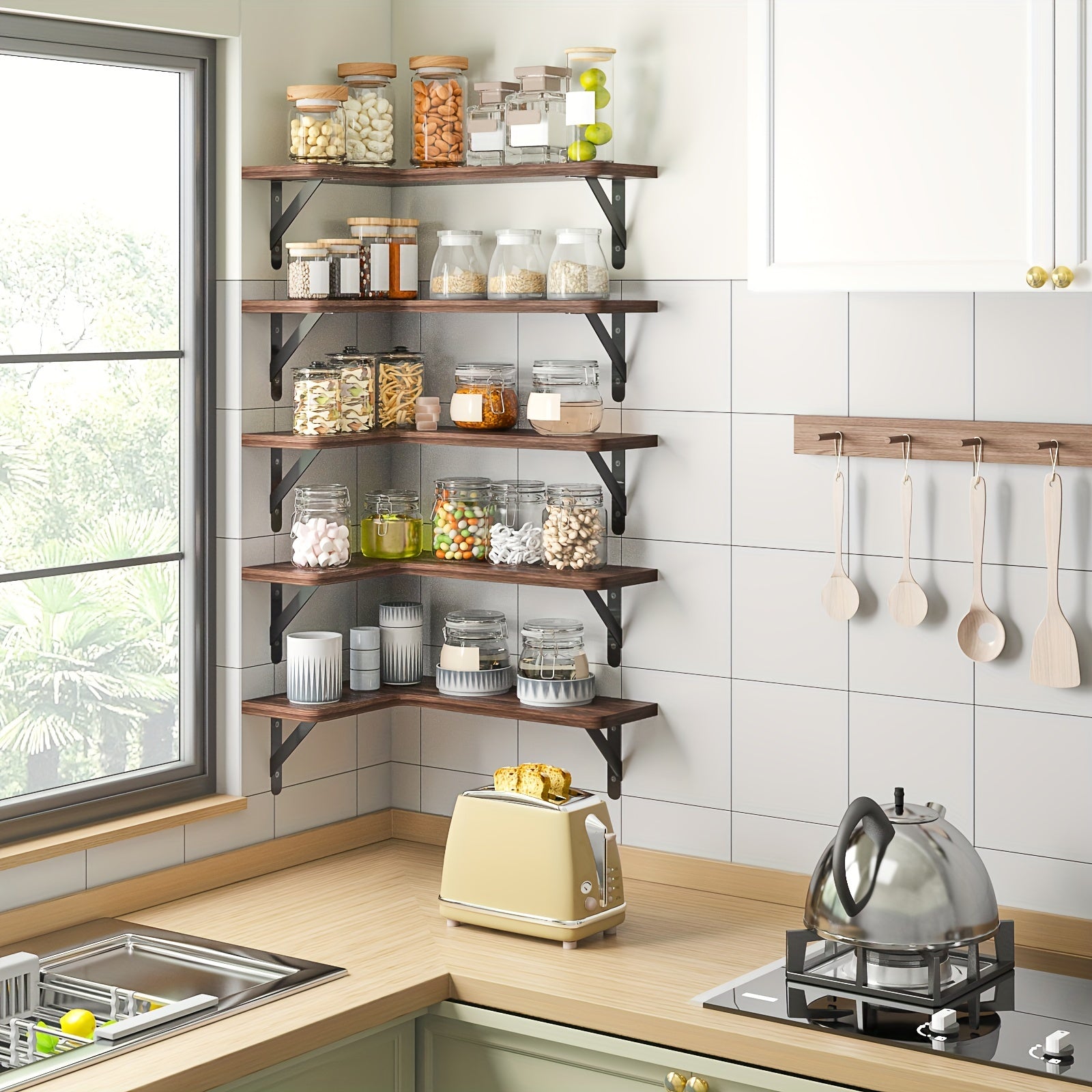 Space-Saving 5/6pcs Adjustable Home Storage Rack – durable multi-purpose storage, TOMNK 5 6pcs Heavy-Duty Rustic Wood Corner Floating Shelves Suitable for for Wall-Mounted Storage, designed for American homes, daily convenience and practical gifting