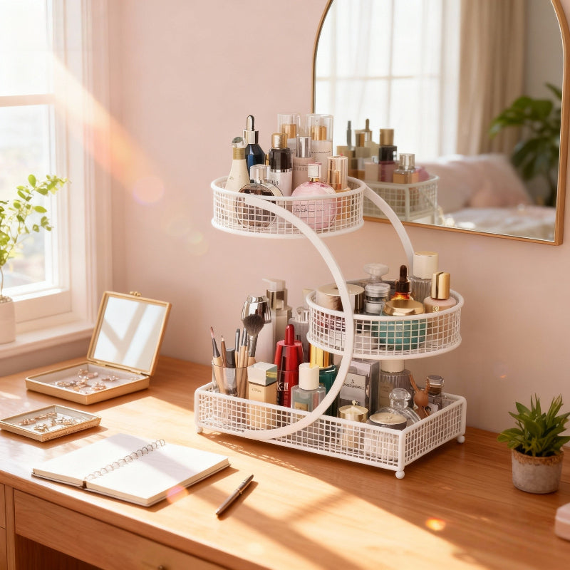Versatile Adjustable Home Storage Rack – durable multi-purpose storage, 2-Tier 3-Tier Lightweight Metal Cosmetic Organizer with Round Baskets Welded Construction Anti-Rust Finish Space-Saving, designed for American homes, daily convenience and practi
