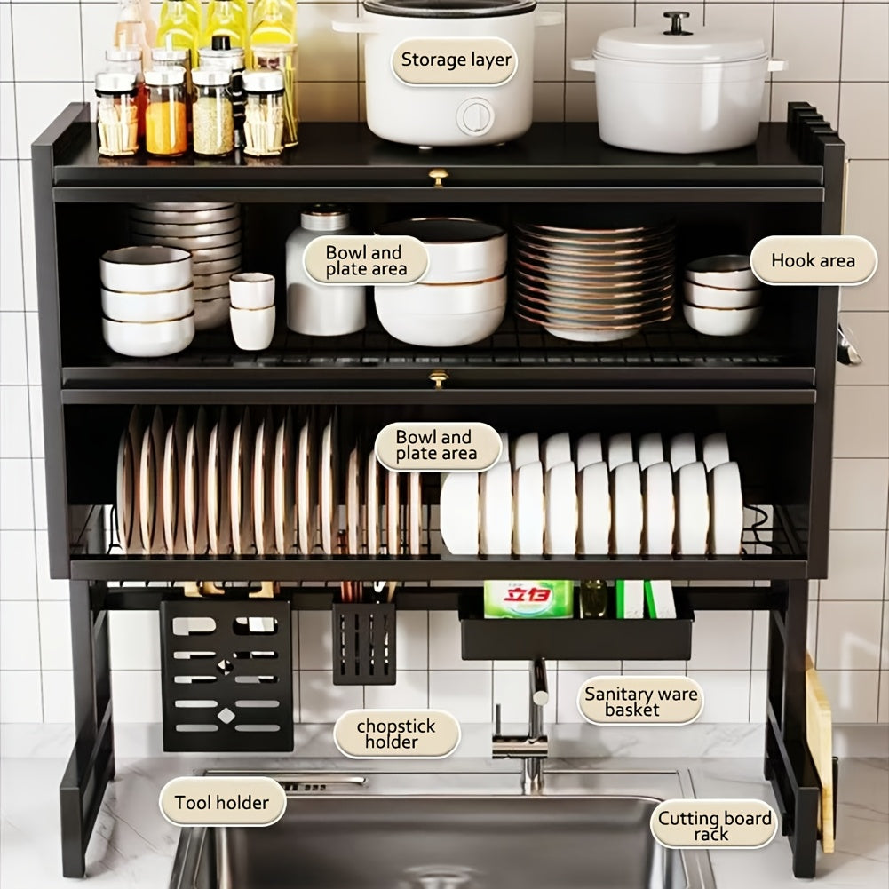 3-Tier Black Metal Kitchen Organizer with Dish Rack, Cutting Board Holder & Utensil Hooks - Over Sink/Countertop Space-Saving Storage for Plates, Bowls - Includes Lid, Spice Containers & Cup Holders - Durable Design for Organized Home Chef Kitchens
