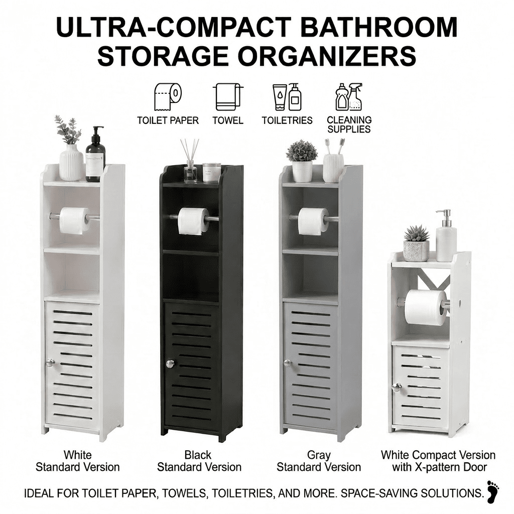 White/Black/Gray Slim Bathroom Organizer Rack, Perfect for Small Spaces in Various Settings, Includes a Bathroom Storage Cabinet with a Tissue Holder, Easy to Assemble, Durable Toilet Paper Storage Container, Comes with a Roll Holder and Screwdriver