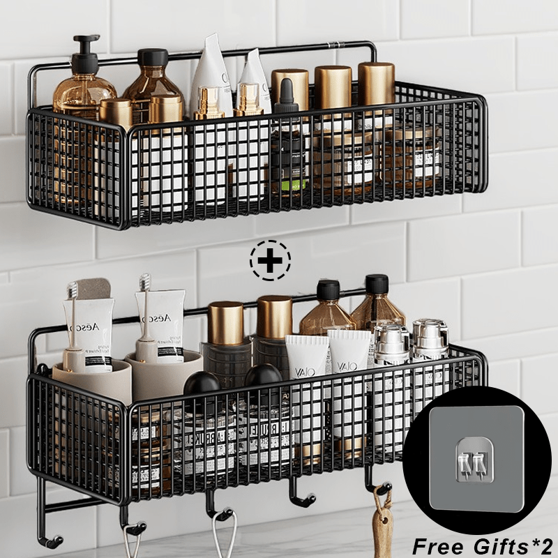 2pcs Easy Installation Bathroom Stainless Steel Shelf, Wall Hanging, Non-Tracking Stickers for Bathroom, Balcony, Kitchen And Toilet Storage, Drill-Free Wall Mounted Organizer, Shelf Baskets