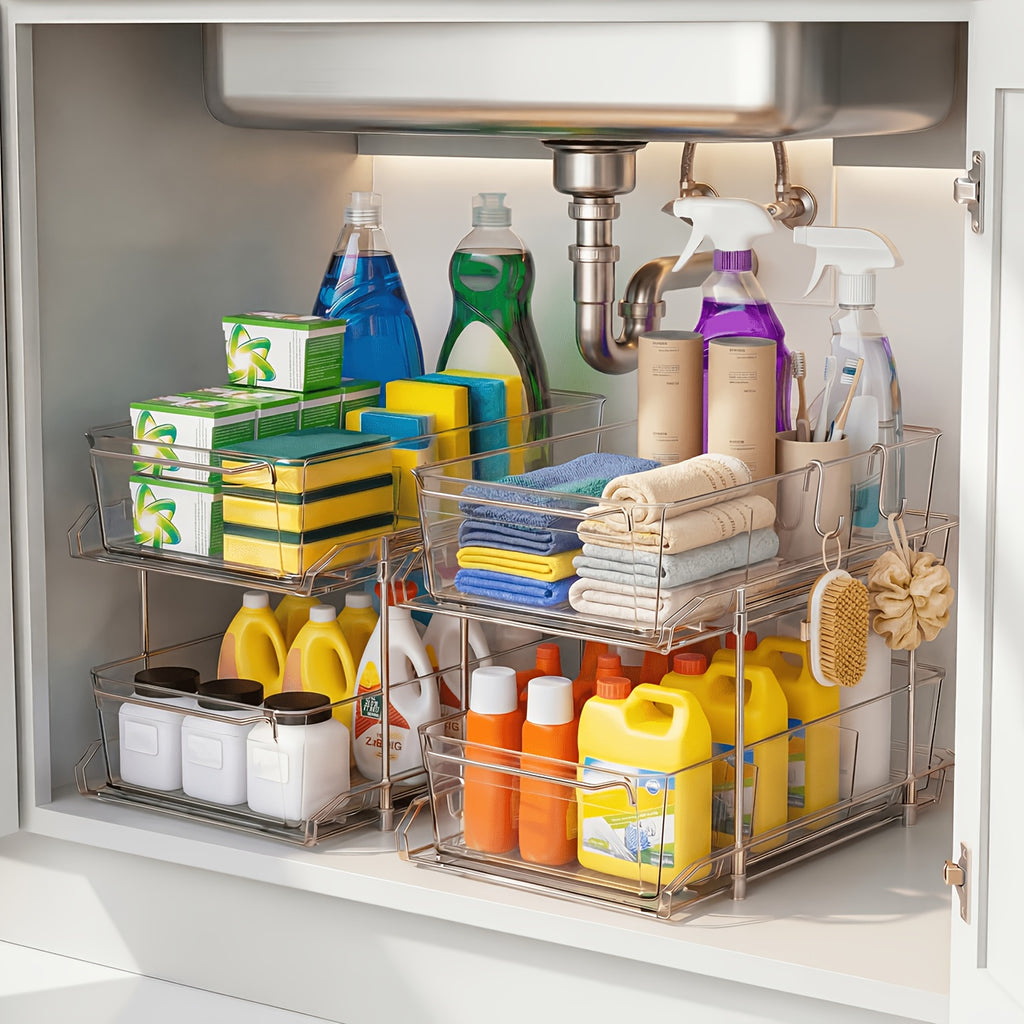 1/2pcs Large-Capacity Double-Layer Transparent Pull-Out Storage Multi-Purpose Slide-Out Storage Container Space-Saving Design Durable Plastic Shelves Bathroom Vanity Storage Sink Cabinet Storage Kitchen Organization