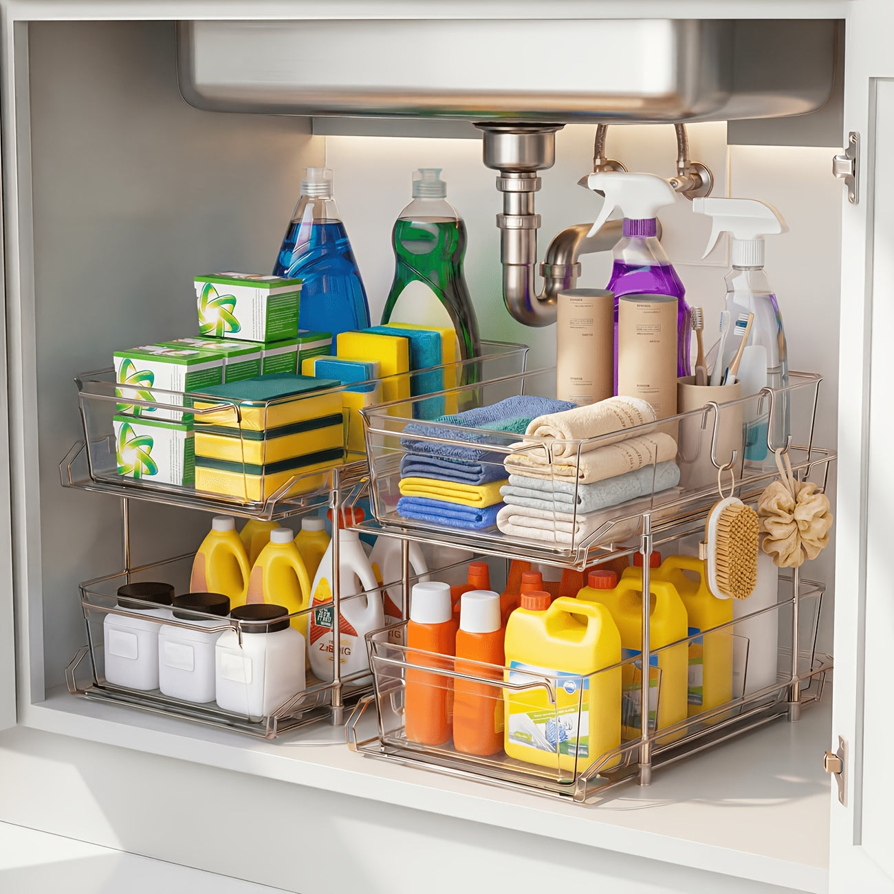 1/2pcs Large-Capacity Double-Layer Transparent Pull-Out Storage Multi-Purpose Slide-Out Storage Container Space-Saving Design Durable Plastic Shelves Bathroom Vanity Storage Sink Cabinet Storage Kitchen Organization