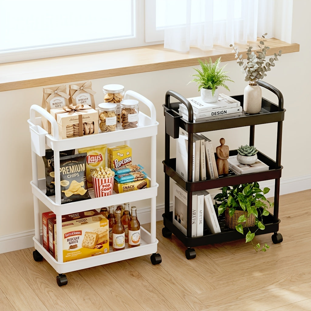 3/4/5-Tier Plastic Rolling Utility Cart with Handle, Multi-Functional Storage Trolley for Office, Living Room, Kitchen, Movable Storage Organizer with Wheels, White