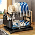 2 Tier Dish Drying Rack for Kitchen Counter, Dish Drainers for Kitchen Counter with Drainboard, Metal Kitchen Dish Rack with Drain, Kitchen Drying Rack Two Tier, Black Dish Racks