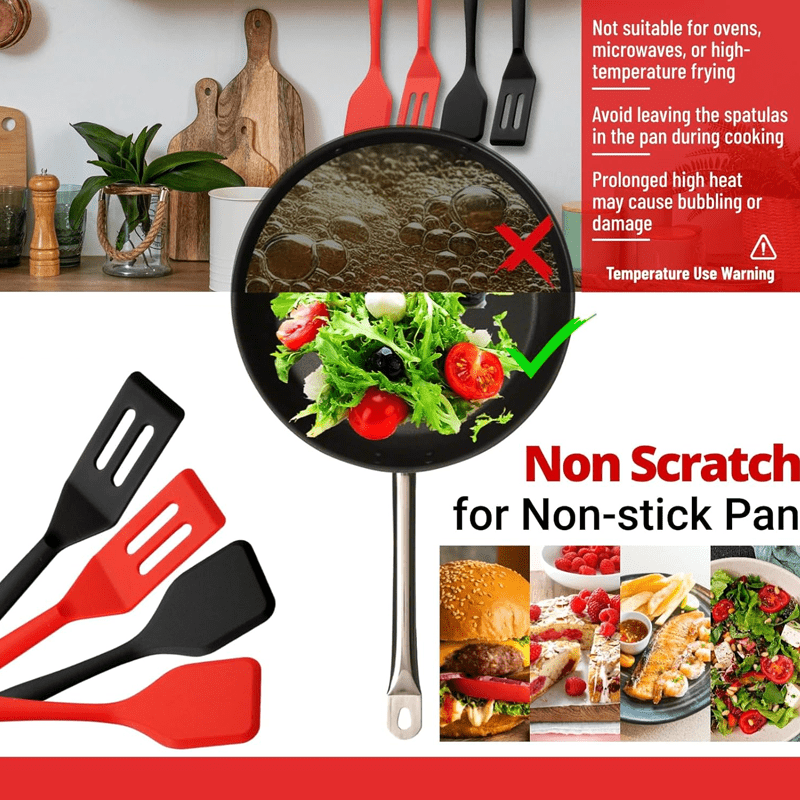 4pcs Silicone Spatula Set | Slotted & Solid, Heat Resistant, Non-Stick, Red & Black, Ideal for Baking, Mixing, Flipping Pancakes, Eggs, Stirring Sauces, Home Kitchen Gadgets
