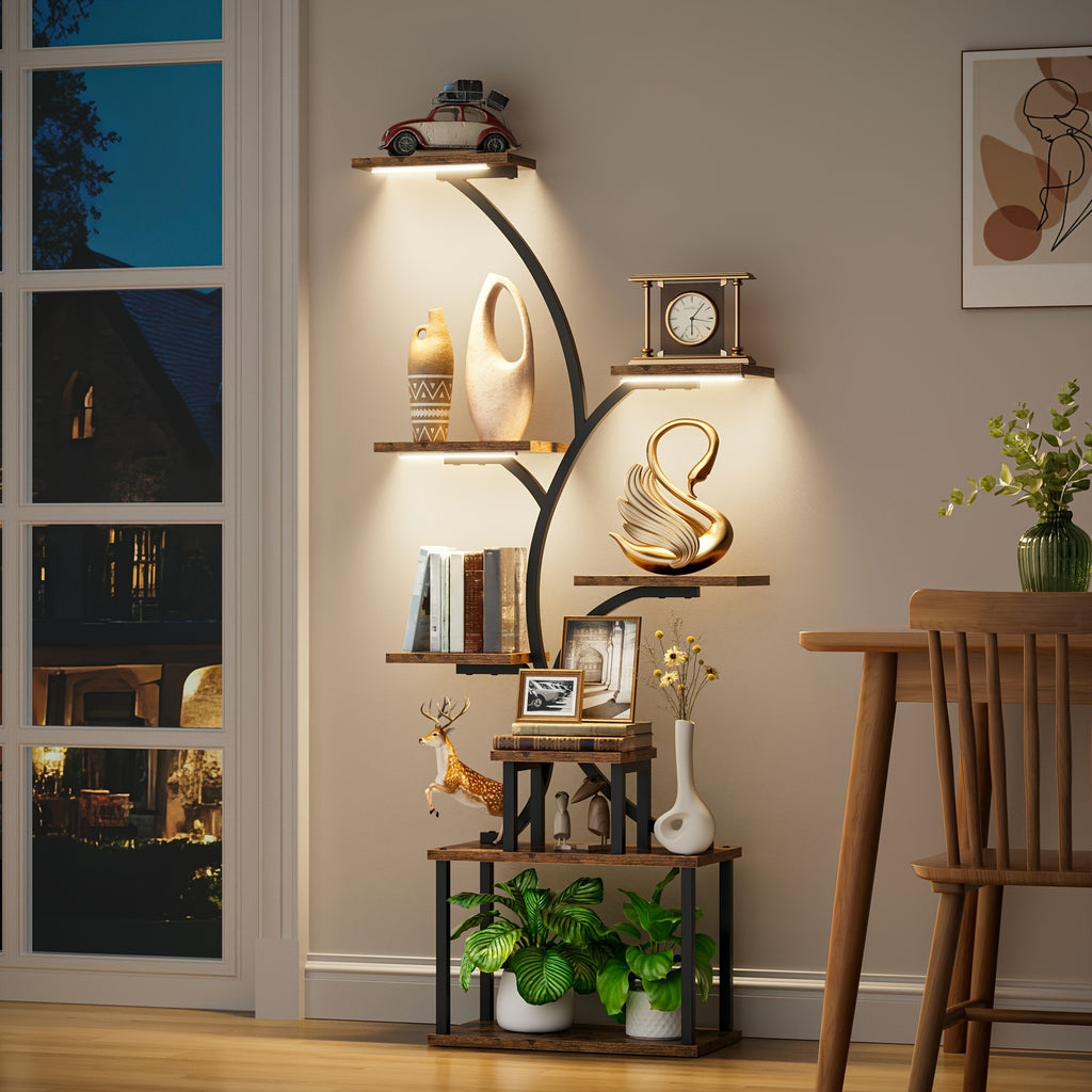 1pc Bookcase with LED Lights, 8-tier Corner Display Stand, 61.5" Multi-functional Metal Display Shelf for Plants, Handicraft, Tree-shaped Plant Shelf for Living Room, Study, Bedroom, Balcony, Entrance, Home Decor, Good Gift Choice