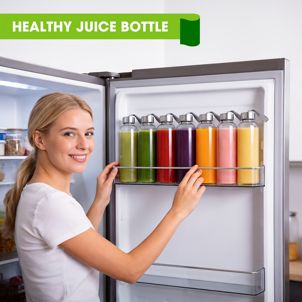 6/8pcs Glass Bottles with Lid, 18oz Clear Juice Bottles, Leakproof & Reusable Glass Bottle with Stainless Steel Cap-for Juice, Beverage, Refrigerator, Travel Use