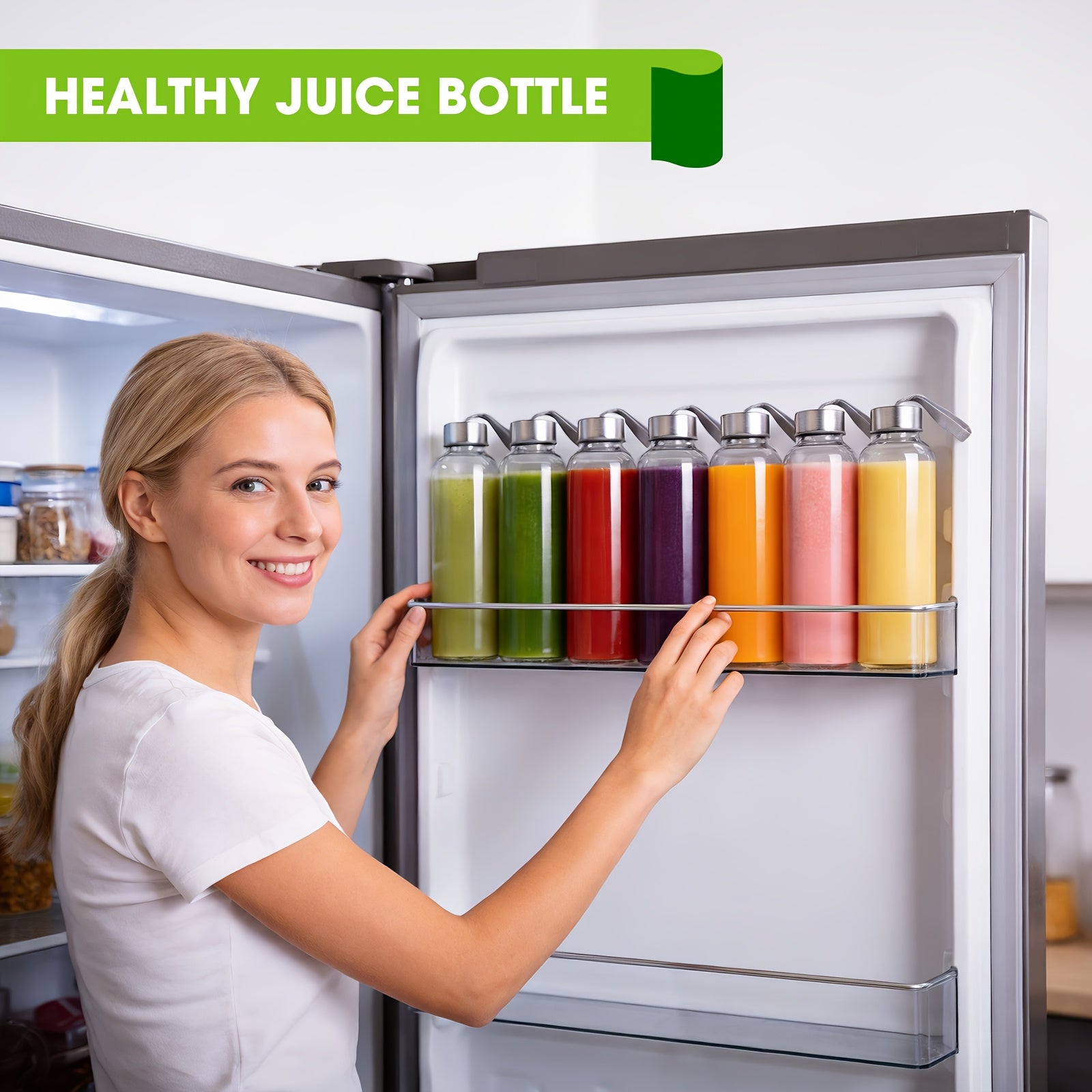 6/8pcs Glass Bottles with Lid, 18oz Clear Juice Bottles, Leakproof & Reusable Glass Bottle with Stainless Steel Cap-for Juice, Beverage, Refrigerator, Travel Use