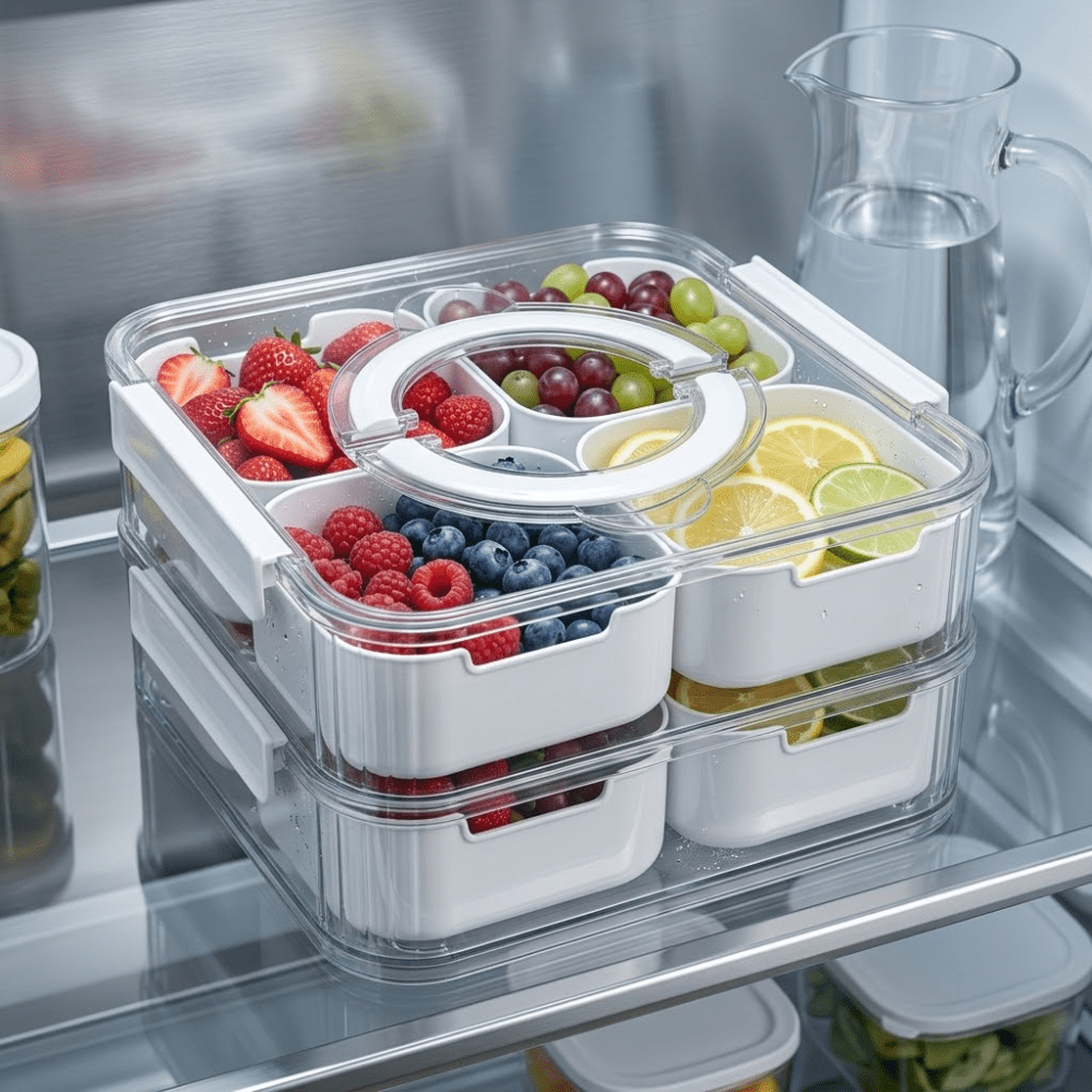Space-Saving Refrigerator Storage Organizer – easy-access fridge organization, 2-Tier 8 Compartment Stackable Fridge Fruit Storage Containers with Lid and Foldable Handle Snackle, designed for American homes, daily convenience and practical gifting