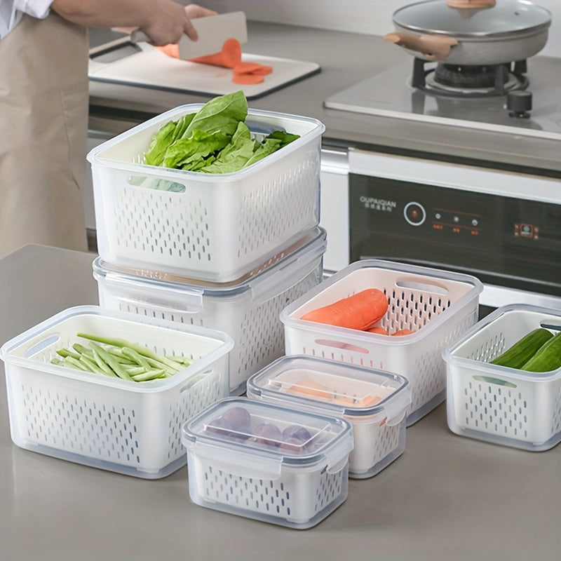 Stackable Fridge Storage Box with Removable Draining Basket, BPA-Free Polypropylene Food-Safe, Ideal for Fresh Kitchen Organization Portable Lunch and Picnic Container, Multi-Functional Food Divider for Fruits Vegetables Meats Grains Salads, Versatile Con