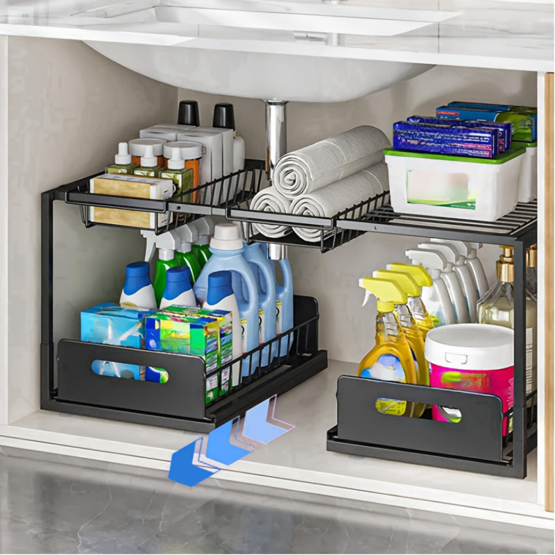 Space-Saving 2 Tier Adjustable Home Storage Rack – durable multi-purpose storage, Local Warehouse Under Siling Out Sink Organizer Pull Out Cabinet Organizer2-in-1 Large Volume 2, designed for American homes, daily convenience and practical gifting