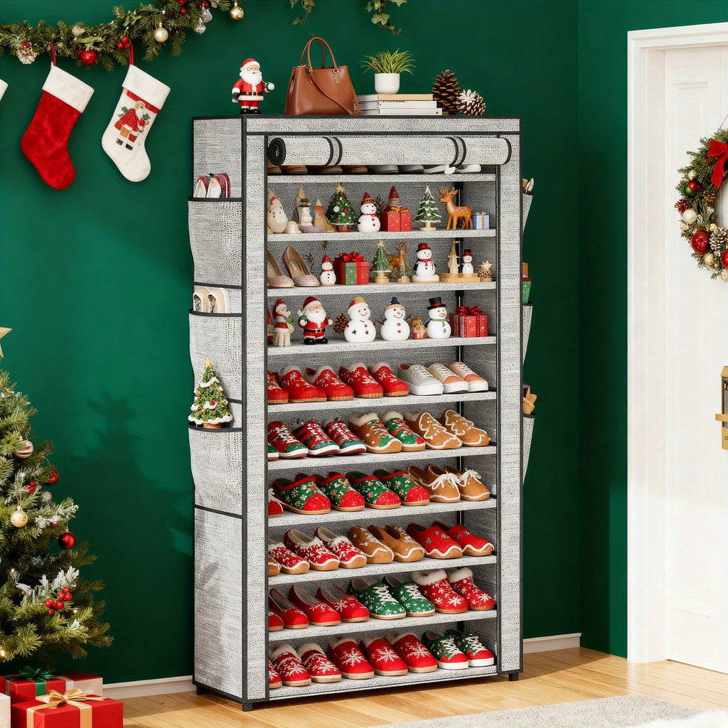 10 Tiers Large Shoe Rack With Covers, Stackable Tall Shoe Rack Organizer With 6 Side Pockets, Shoe Shelf Holds 50-55Pairs Sturdy Metal Shoe Rack Storage Organizer Cabinet, Shoe Racks Organizer For Closet Garage, Home Decor, Halloween And Christmas