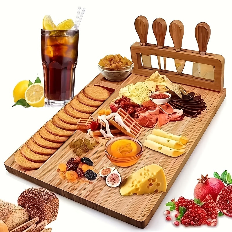 Large Charcuterie Board with 4 Knife Set - Wood and Bamboo Dinner Plates, Divided Sectionsfor Cheese, Meats, Fruits & Crackers - Party Platter for Weddings, Thanksgiving, Housewarming - Durable Board for