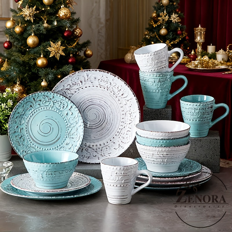 [Gifts Weddings Anniversaries] 16pcs Dinnerware Set Service for 4, Blue & Coffee Color Stoneware Set, Bowls Set, Dishes Set, Including Dinner Plates, Dessert Plates, Salad Bowls And Mugs. Chip & Scratch Resistant. Dishwasher & Microwave Safe. Gifts for We
