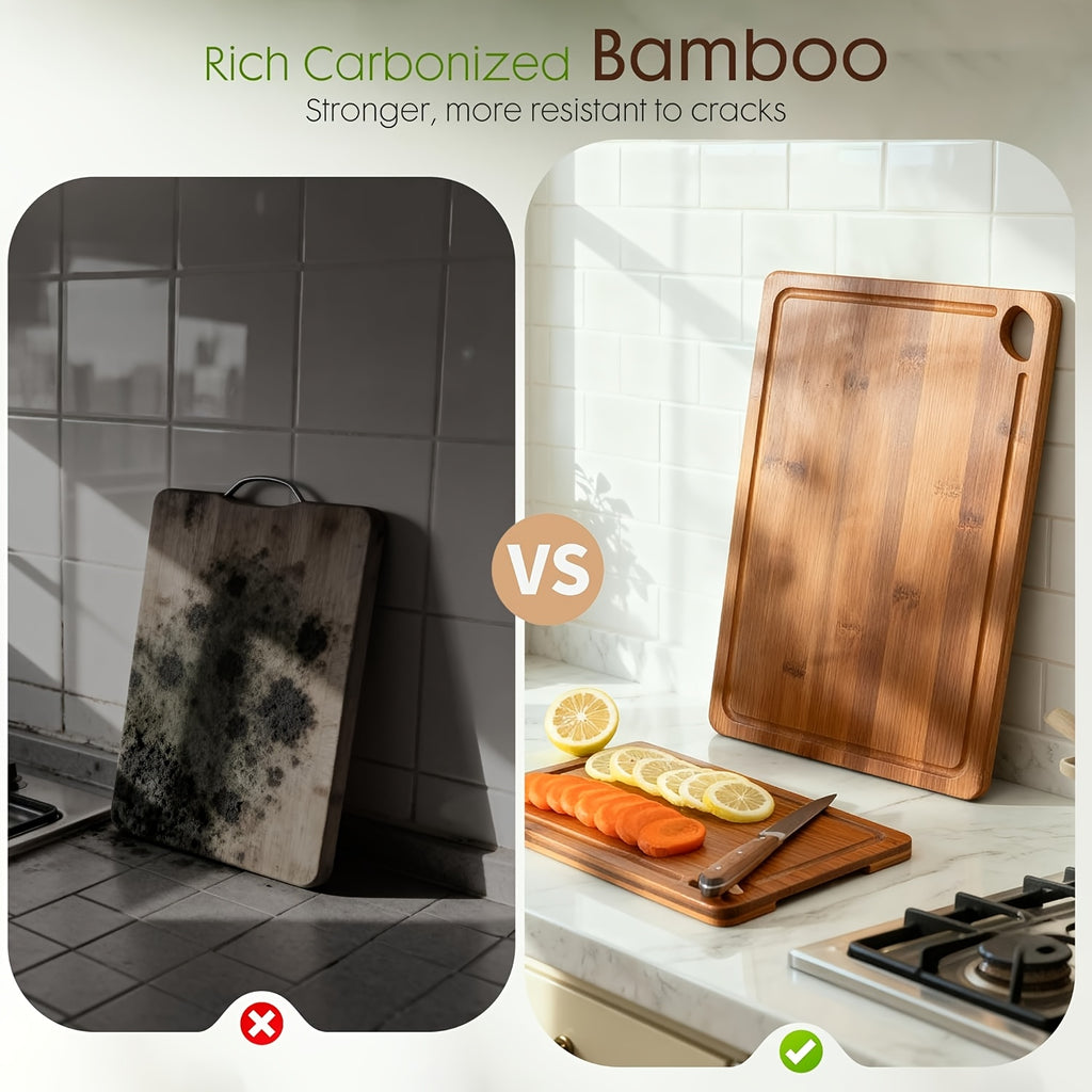 Deep Carbonized Bamboo Cutting Board Set with Wooden Rack - Double-Sided Suitable for Kitchen, Suitable for Cooked & Food, Oil Drainage Groove & System, Ergonomic Handle, Bamboo Board and Storage Shelf Gift for