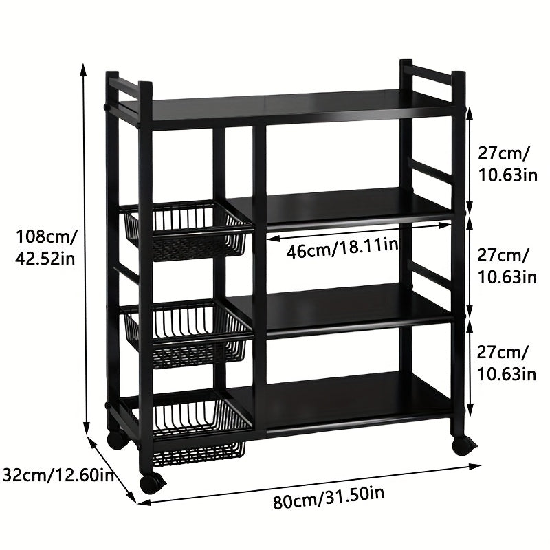 Storage Rack – 1pc Movable Storage Rack Adjustable 4-Storey Kitchen Shelf with 3 Wire Baskets