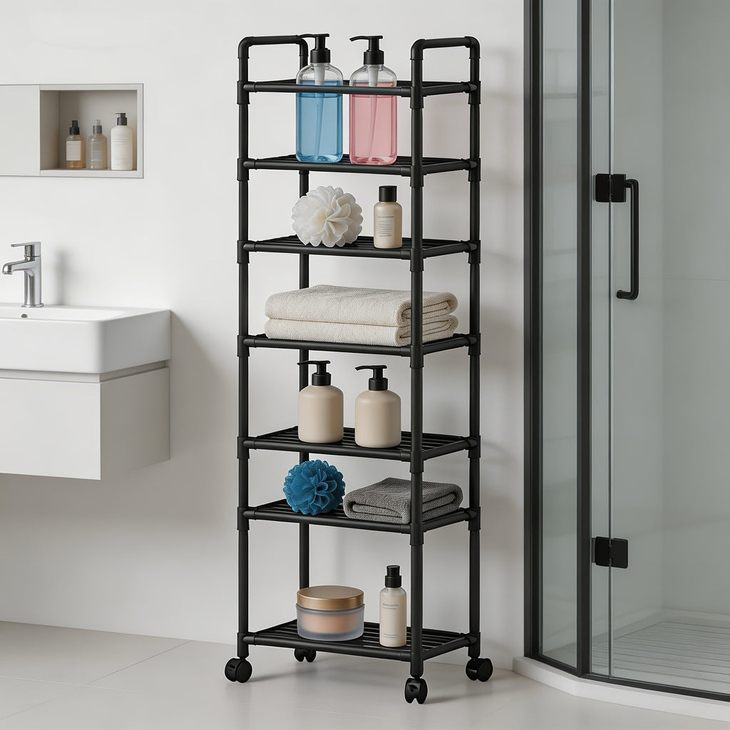 Versatile Adjustable Home Storage Rack – durable multi-purpose storage, 6-Tier Rotating Metal Storage Cart Adjustable Rolling Storage Shelf with Wheels Multifunctional Utility Trolley, designed for American homes, daily convenience and practical gift