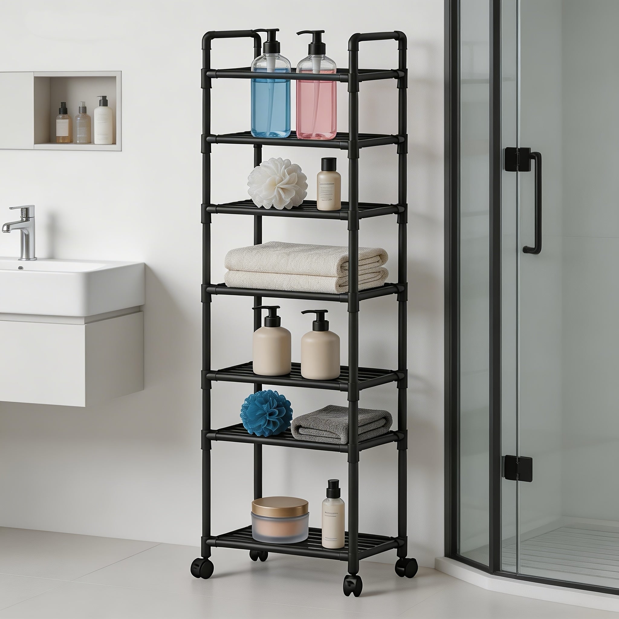 Versatile Adjustable Home Storage Rack – durable multi-purpose storage, 6-Tier Rotating Metal Storage Cart Adjustable Rolling Storage Shelf with Wheels Multifunctional Utility Trolley, designed for American homes, daily convenience and practical gift
