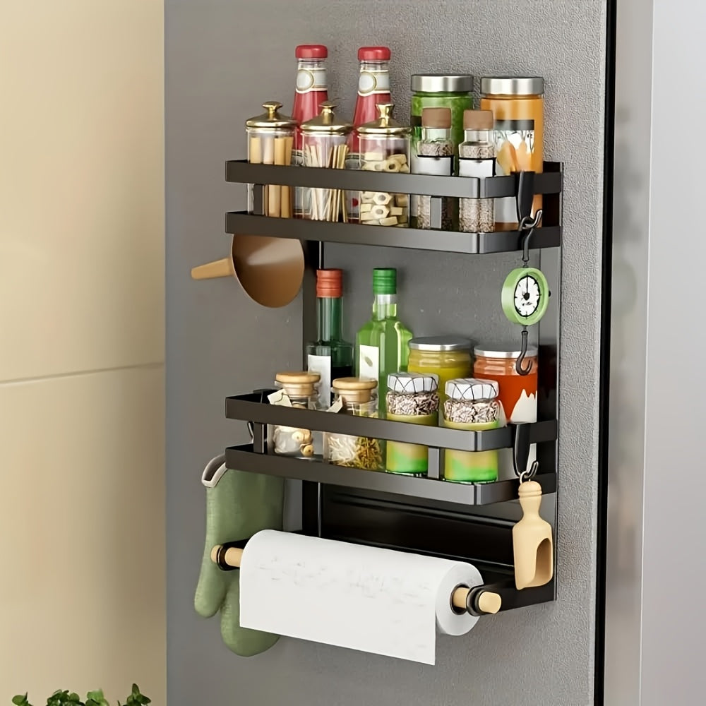 Magnetic Spice Rack for Refrigerator, Magnetic Shelf for Fridge Magnet Organizer Moveable Magnetic Paper Towel Holder with 4 Hooks for Kitchen Oven Space Saving