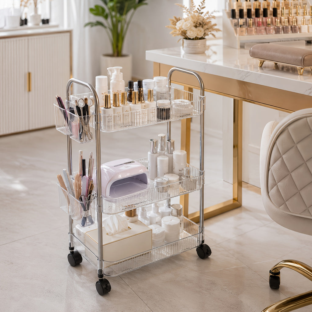 3/4 Tier Rolling Storage Cart with Hanging Storage Boxes, Multifunctional Utility Cart, Acrylic Material & Modern Minimalist Transparent Design, Alloy Frame Handle & 360° Rotating Silent Roller, Snack Cart for Dorm, Bathroom, Bar, Kitchen