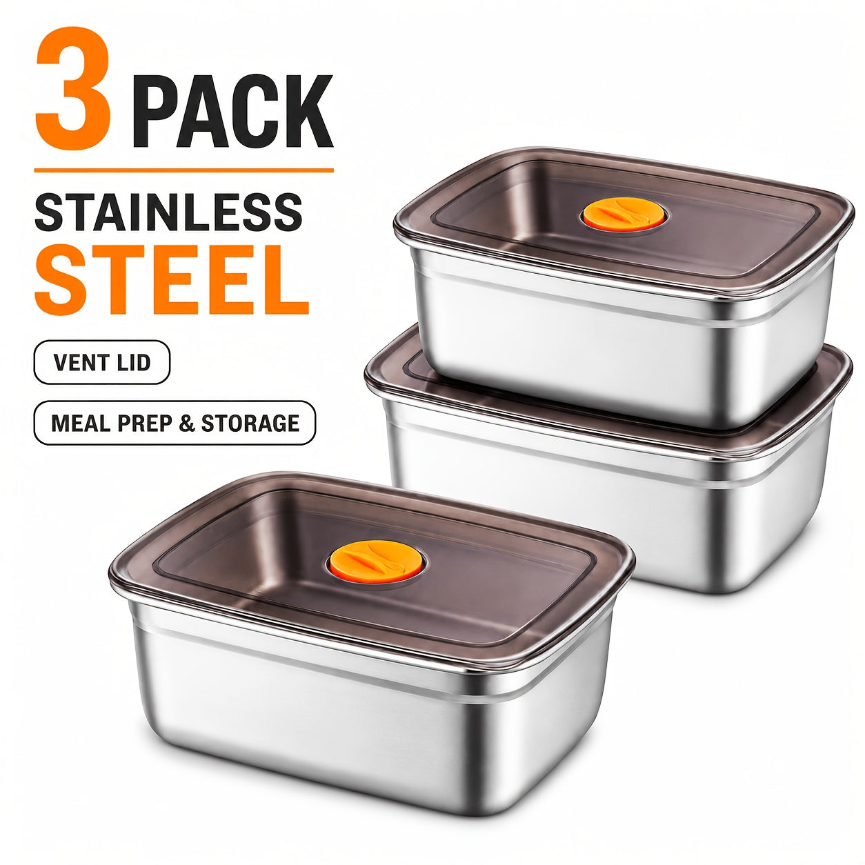 Premium 3pcs Airtight Food Storage Containers – leak-resistant reusable meal prep, 3pcs Airtight Stainless Steel Food Container with Lid Vacuum Seal Leak Proof Lunch Box, designed for American homes, daily convenience and practical gifting