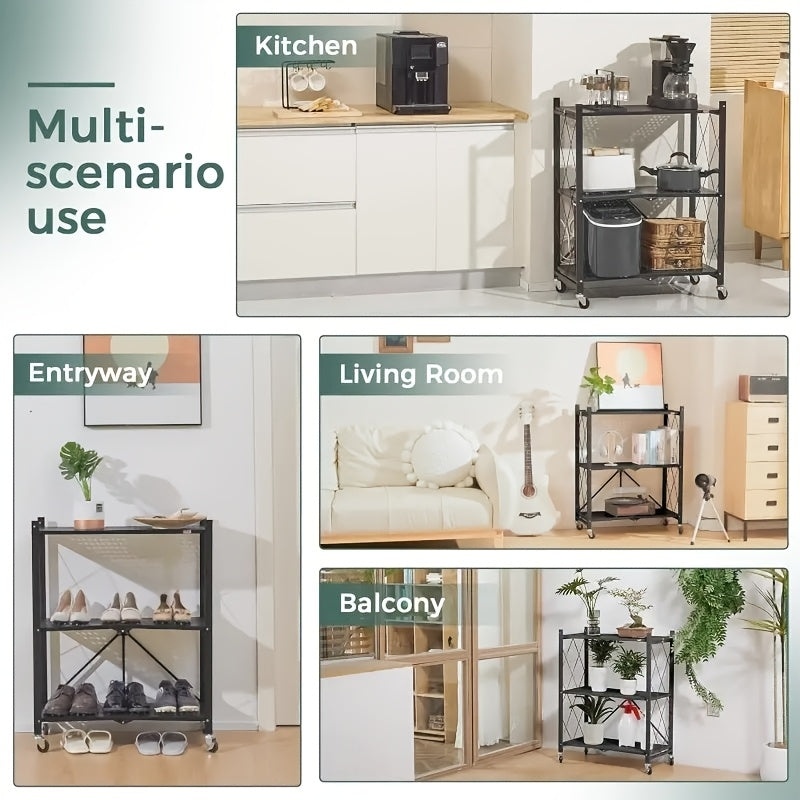 Heavy-Duty Adjustable Home Storage Rack – durable multi-purpose storage, 3-Tier Heavy-Duty Foldable Metal Storage Rack with Wheels Movable Organizer Shelves Suitable for Garage, designed for American homes, daily convenience and practical gifting