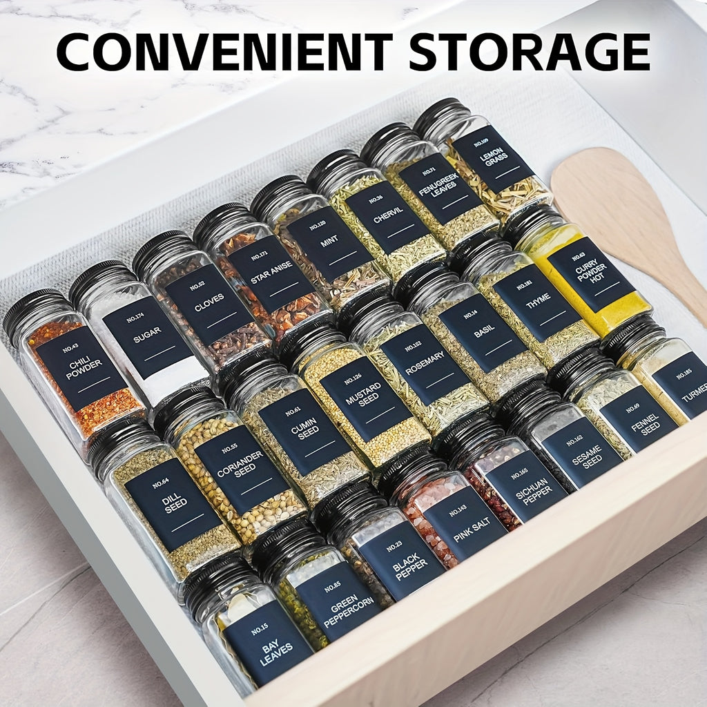 Easy-Access 24pcs Glass Spice Jar Set – clear reusable pantry storage, 24pcs Glass Spice Jars with Labels Square Empty Spice Containers Condiment Squeeze Bottles Seasoning, designed for American homes, daily convenience and practical gifting