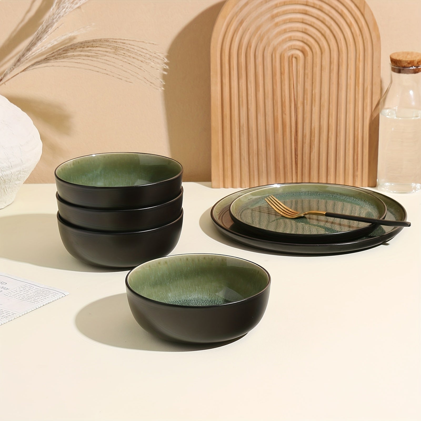 Premium 12pcs Home Storage Organizer – space-saving everyday organization, ALOFMO 12pcs Cyan-Gray Green Reactive Glaze Ceramic Dinnerware Set - Modern Stoneware Plates Bowls, designed for American homes, daily convenience and practical gifting