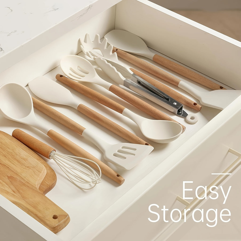 Kitchen Essential – 10pcs Silicone Kitchenware Set, High-temperature Non-stick Cooking Tool Kit, Including Wooden Handle Spatula, Flipper, Soup Spoon, Clamp, and Egg Beater for Modern US Hom