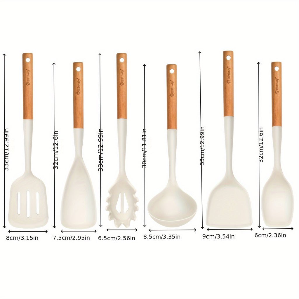 Kitchen Essential – Set of 6 Silicone Kitchen Tools with Wooden Handles, Heat-Resistant Spatula Set Suitable for Nonstick Cookware, Including Spatula, Turner, Spoon, And Ladle, Free from BPA