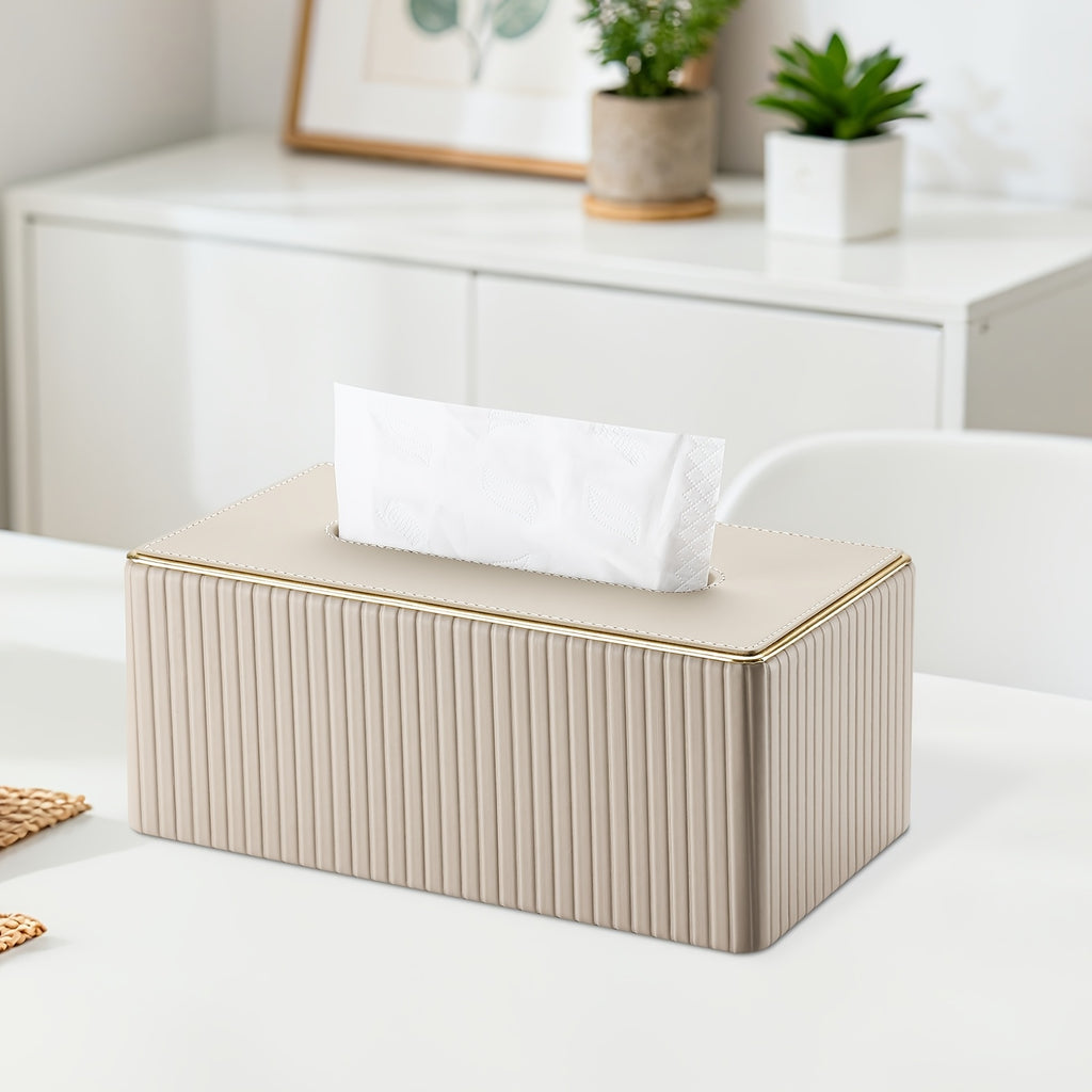 Smart Stackable Home Storage Bins – portable space-saving storage, Cream White Vertical Striped Faux Leather Tissue Box With Golden Trim Desktop Napkin Dispenser, designed for American homes, daily convenience and practical gifting