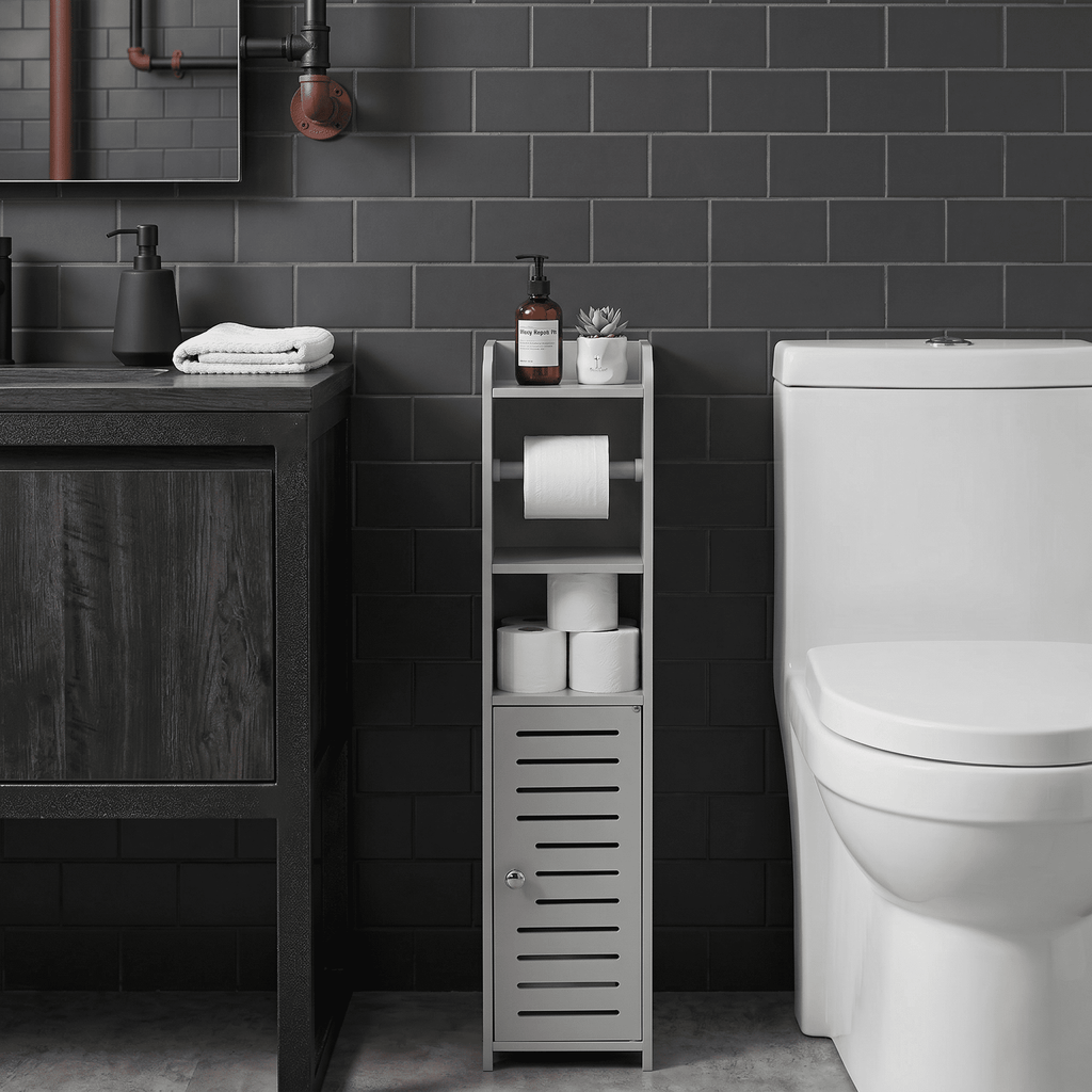 White/Black/Gray Slim Bathroom Organizer Rack, Perfect for Small Spaces in Various Settings, Includes a Bathroom Storage Cabinet with a Tissue Holder, Easy to Assemble, Durable Toilet Paper Storage Container, Comes with a Roll Holder and Screwdriver