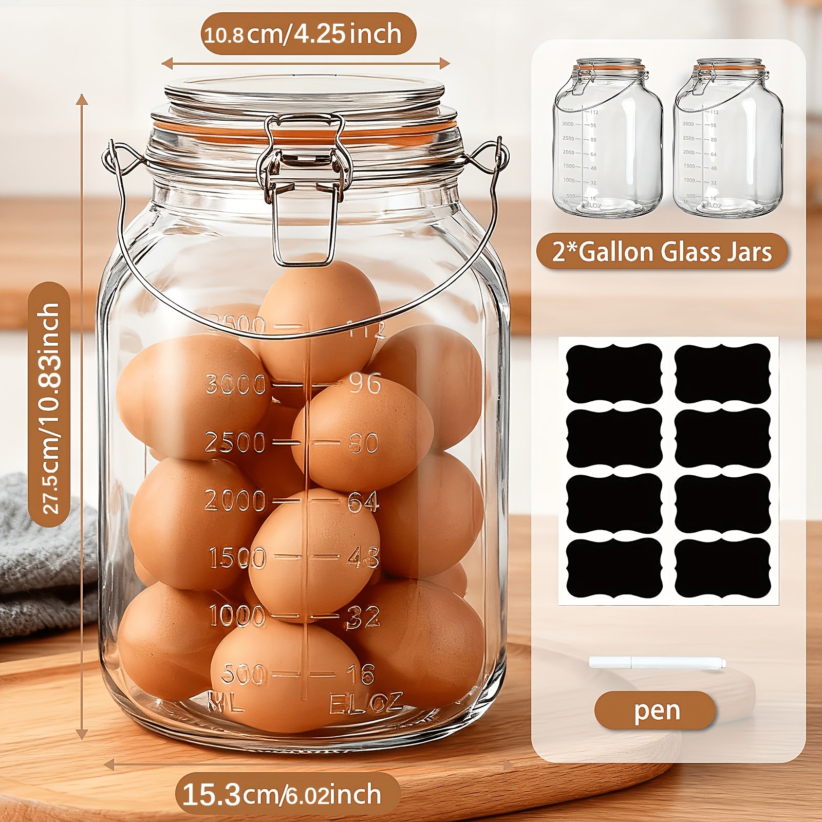 2 Pack 1 Gallon Glass Jar with Handle, Airtight Lids, Measurement Marks, Super Wide Mouth Large Mason Jars, Glass Gallon Jugs Storage Container for Sun Tea, Kombucha, Storing, Canning