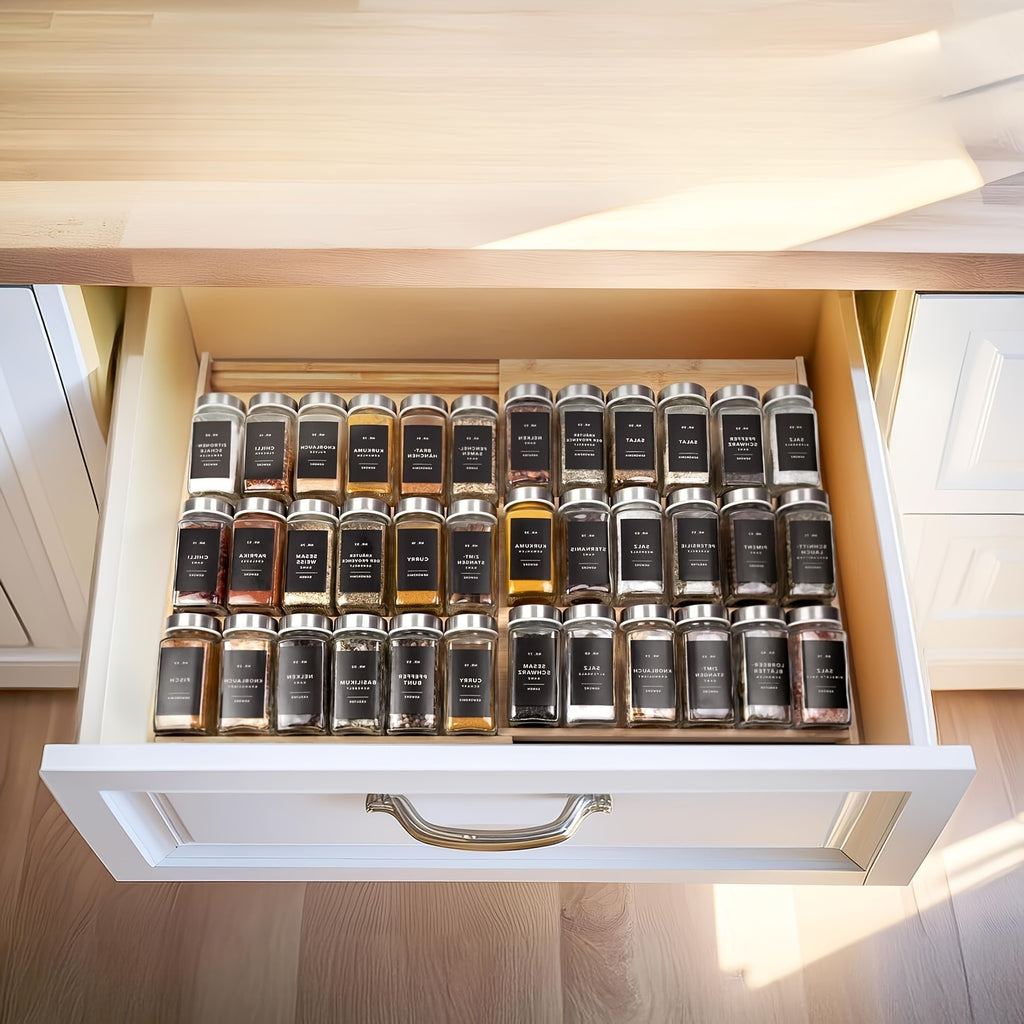 Expandable Bamboo Spice Rack, 4-Tier Seasoning Organizer For Kitchen Cabinet, Fits 3" Deep Drawers, Adjustable From 12" To 23"