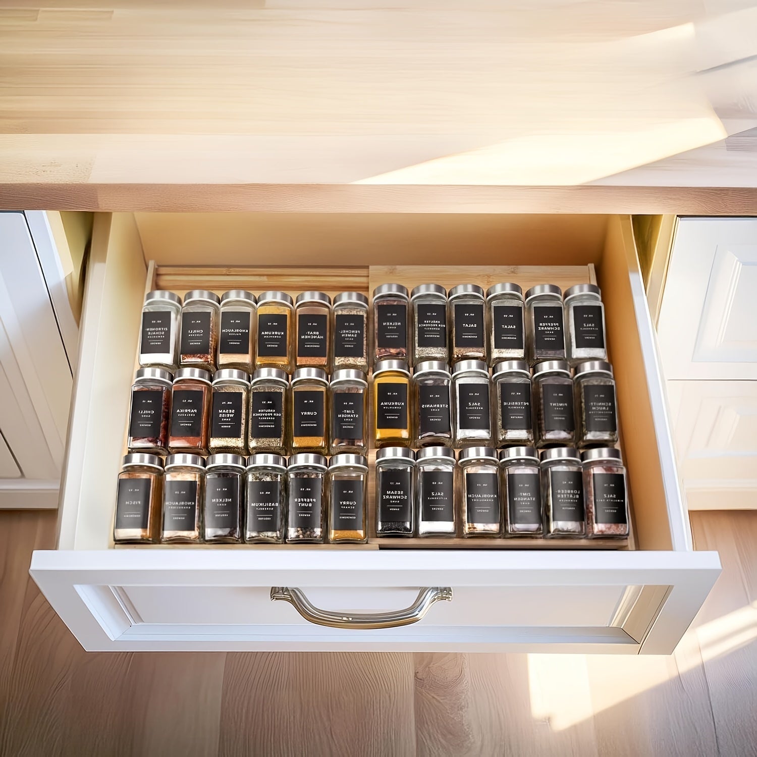 Expandable Bamboo Spice Rack, 4-Tier Seasoning Organizer For Kitchen Cabinet, Fits 3" Deep Drawers, Adjustable From 12" To 23"