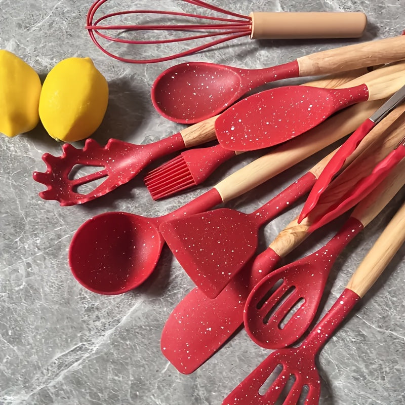 12pcs Silicone Cooking Kitchen Utensils Set with Wooden Handle, Silicone Flip Flop Tongs Spatula Spoon Kitchen Utensils Set for Non-Stick Cookware, Wooden Handle Silicone Kitchen Gadget Utensils Set, Meets Your Cooking Needs