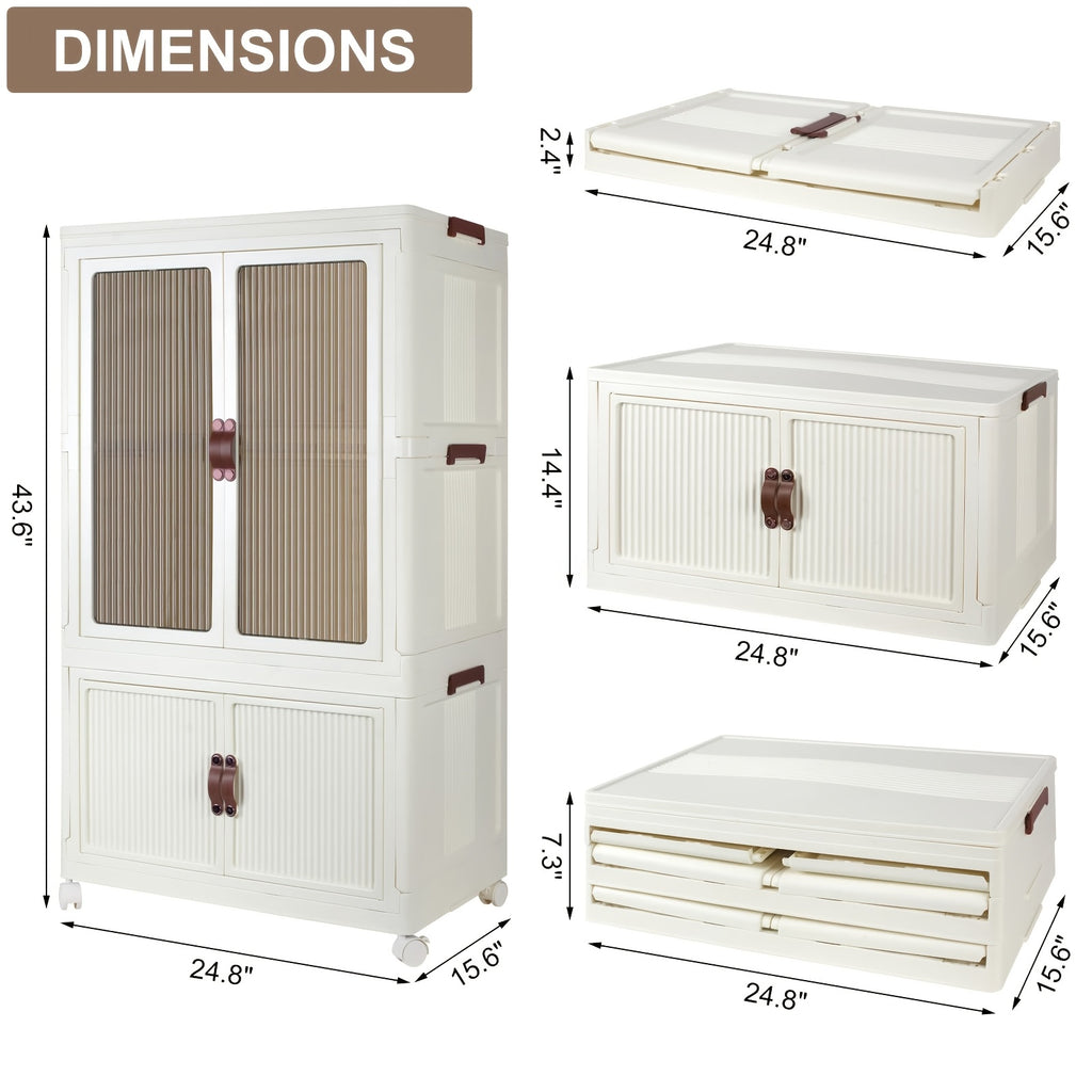 Portable Closet Wardrobe, Folding Storage Bins with Lid, Closet Organizers And Storage, Stackable Storage Box with Hanging Rod And Doors, Collapsible Plastic Clothes Cabinet with Wheels, 10 Hangers