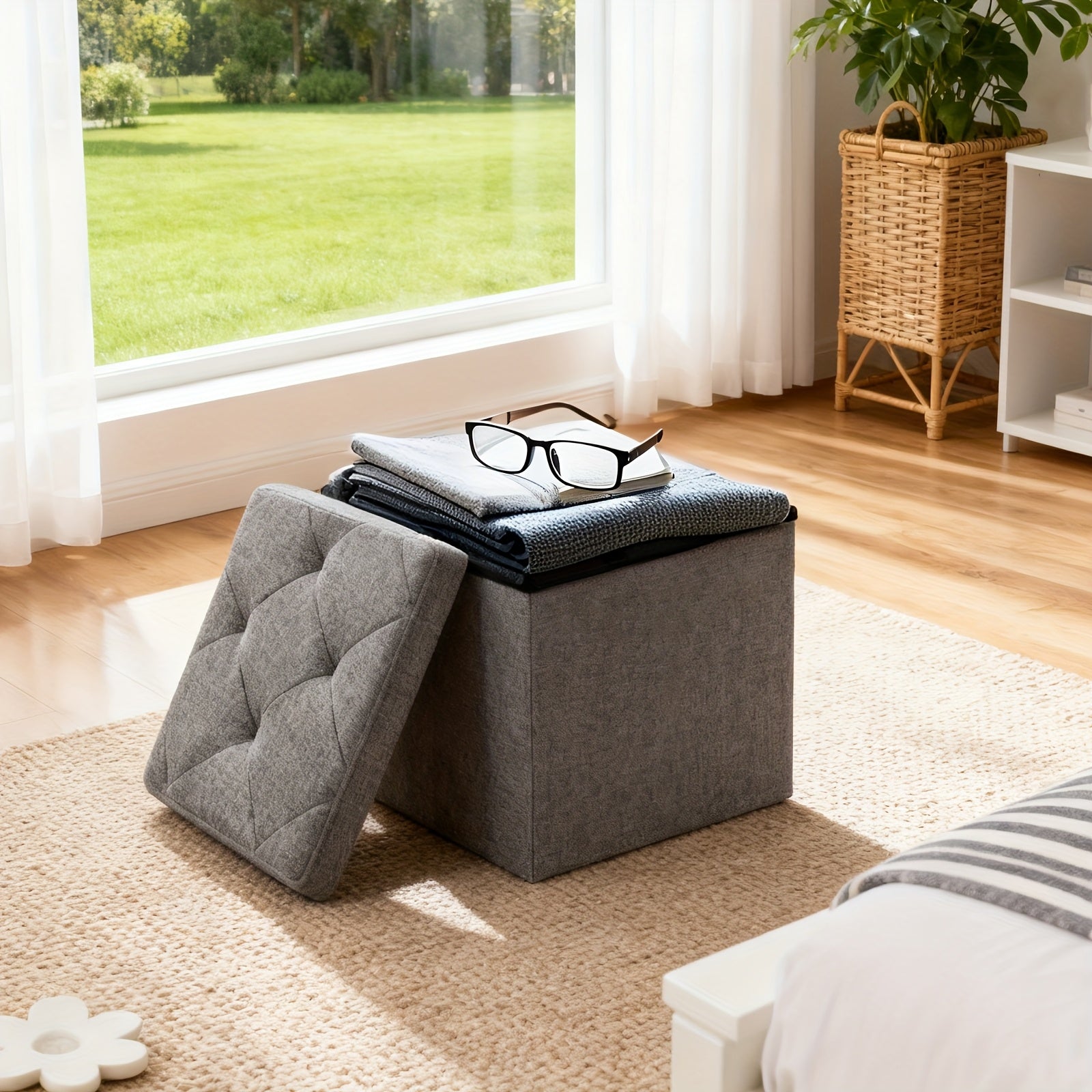 [Multi-Purpose Ottoman Bench] Heavy-Duty Multi-Purpose Folding Storage Ottoman Bench with Seat | Indoor/Outdoor, Space-Saving Design, Non-Porous Easy-Clean Surface - Perfect for Living Room, Bedroom, Patio, Garden Tool Storage - Gray Organizer Bench