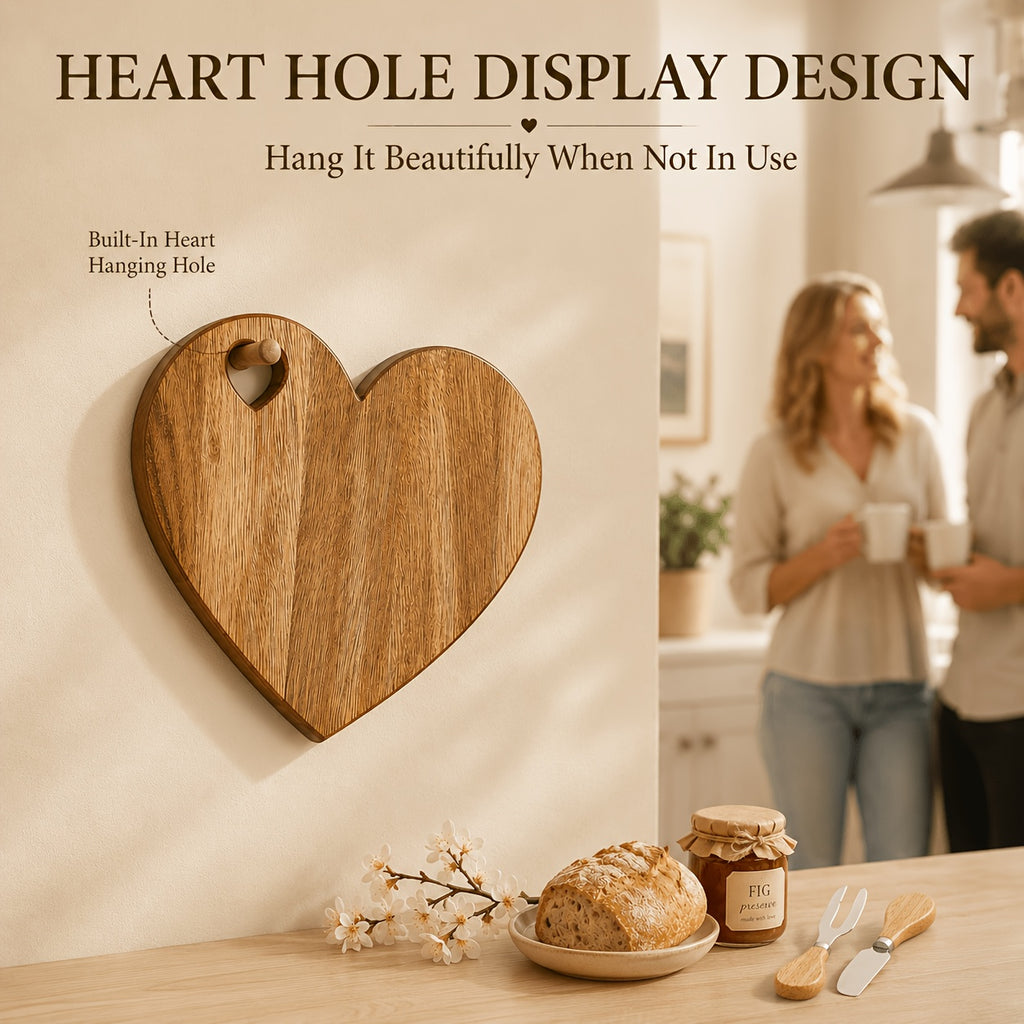 Heart-Shaped Acacia Wood Charcuterie Board with Optional Knife & Fork Set Suitable for Cheese, Fruit, Dessert Serving Tray - Polished Wood Board for Parties, Picnic, Holiday Gift for Christmas, Easter, Valentine' Day