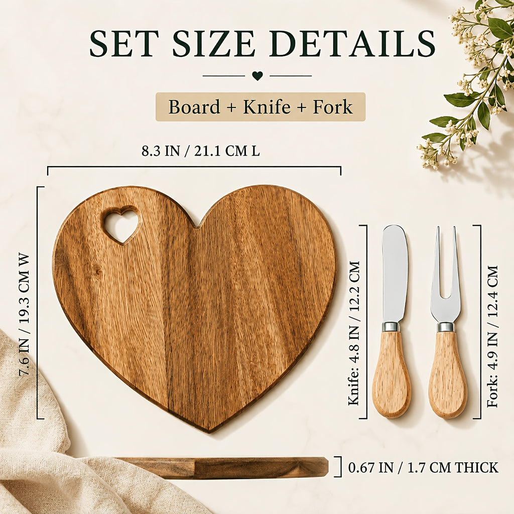Heart-Shaped Acacia Wood Charcuterie Board with Optional Knife & Fork Set Suitable for Cheese, Fruit, Dessert Serving Tray - Polished Wood Board for Parties, Picnic, Holiday Gift for Christmas, Easter, Valentine' Day