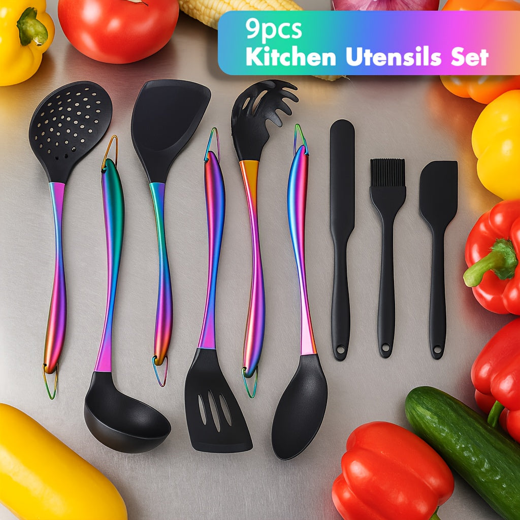 9pcs Silicone Cooking Utensils, Rainbow Kitchen Utensils Set, Titanium Cooking Utensils Set with Stainless Steel Handle, Silicone Spatula, Heat Resistant Silicone Utensils for Cooking, Non-Stick Spatula Set, Ladle with Stainless Steel Handle
