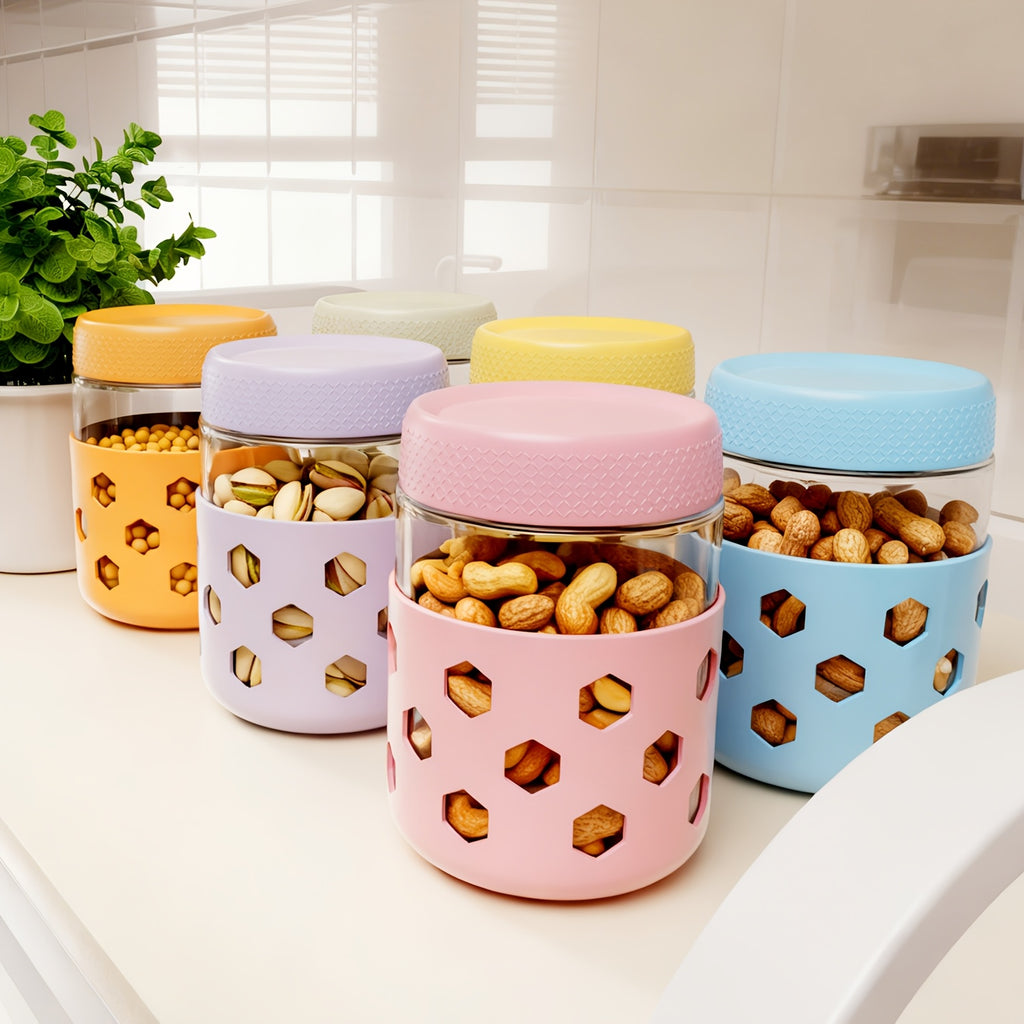 6-Pack Glass Airtight Jars with Silicone Sleeves, Moisture-Proof Food Storage Containers for Tea, Grains, Nuts, Snacks, and Yogurt
