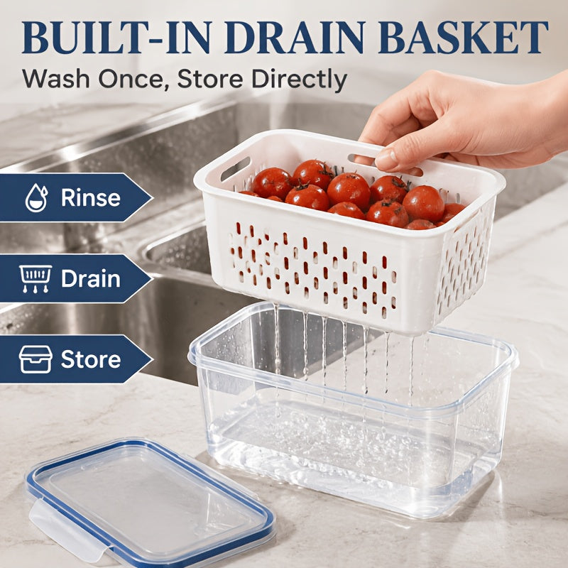[Food-Grade Storage Containers] 18/15/9/6/4Pcs Food-Grade Drainage Baskets. Household Airtight Refrigerator Fresh-Keeping Storage Containers With Drain Basket And Lid For Storing Various Fruits And Vegetables. 6/5/3/2 Boxs+6/5/3/2 Covers +6/5/3/2 Drain Ne